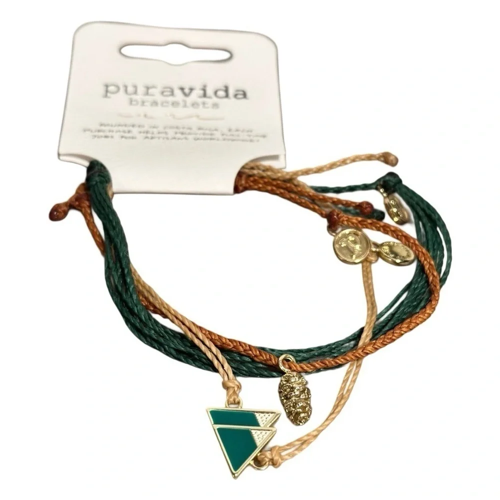 Pura Vida Bracelet Bundle Combo Set of 3. Mountain & Acorn Charms, Woven Green - Picture 4 of 12